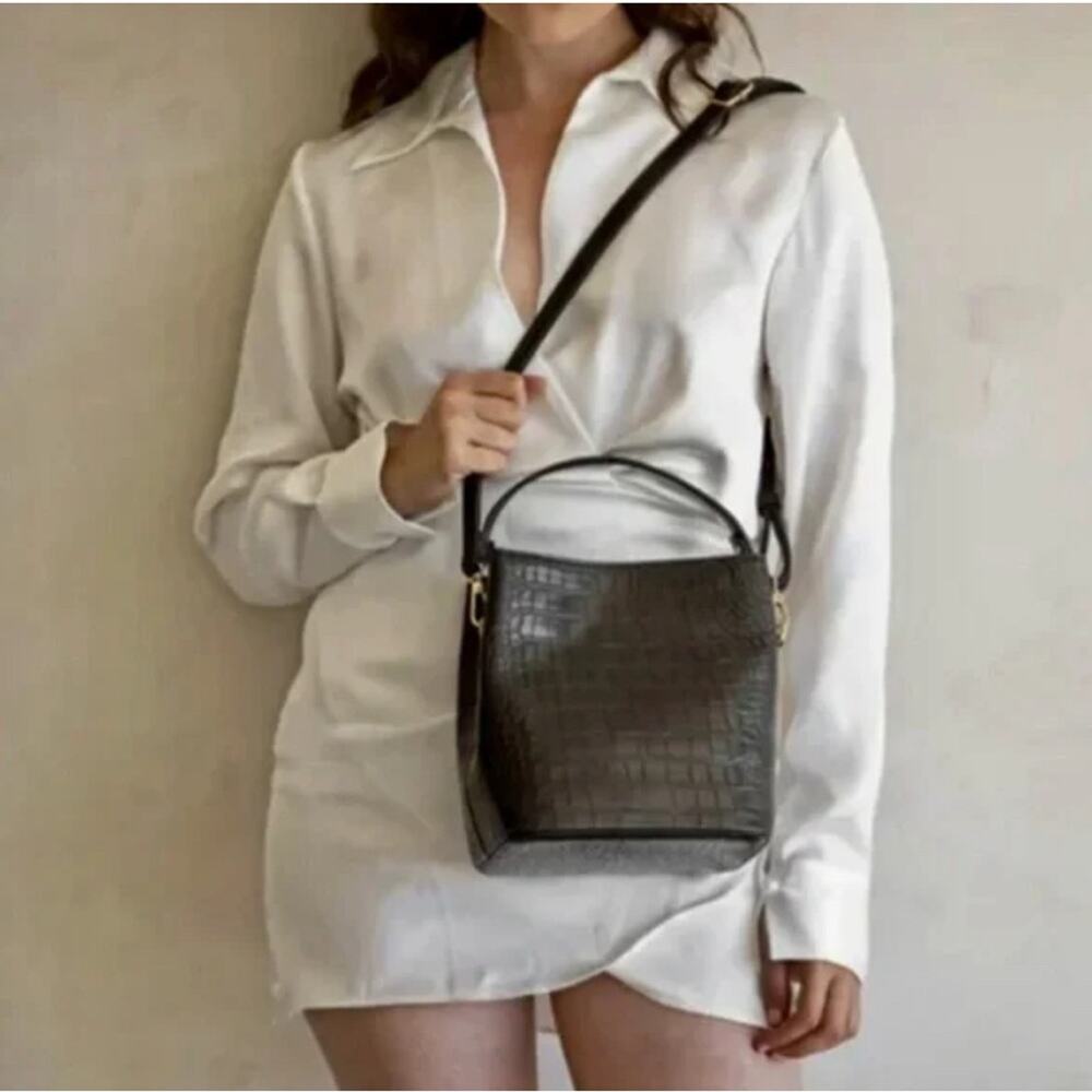 All Of The Above AOTA Elena Croc Embossed Bucket Bag Black NWT